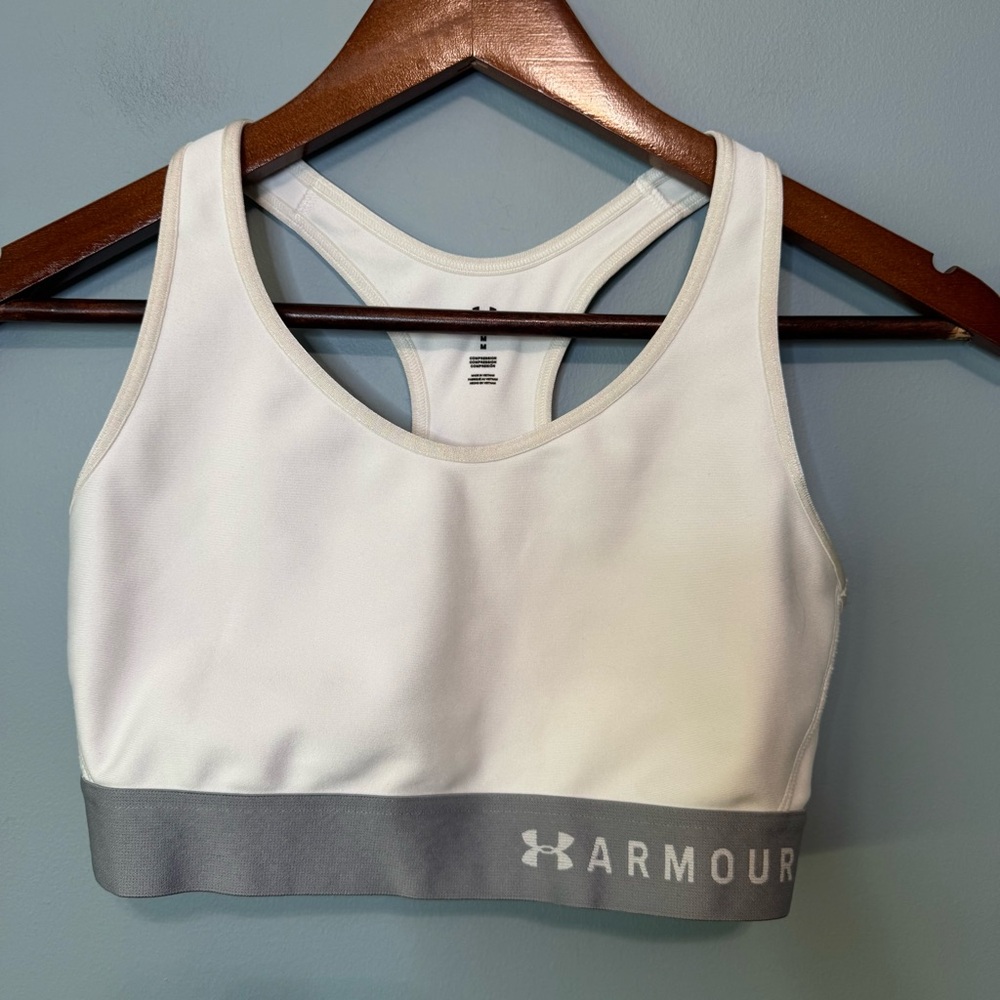 Under Armour Compression Racerback Sports Bra - White/Grey - Size Medium - Picture 12 of 12